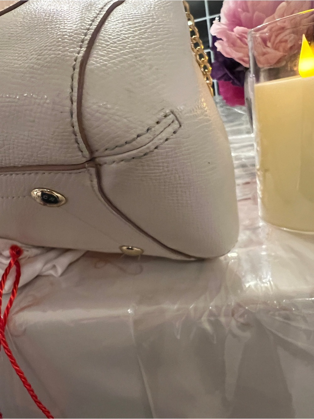 Coach Blush Peach Ivory Pebbled Leather Satchel Gold Chain Carryall Luxury - Picture 8 of 16